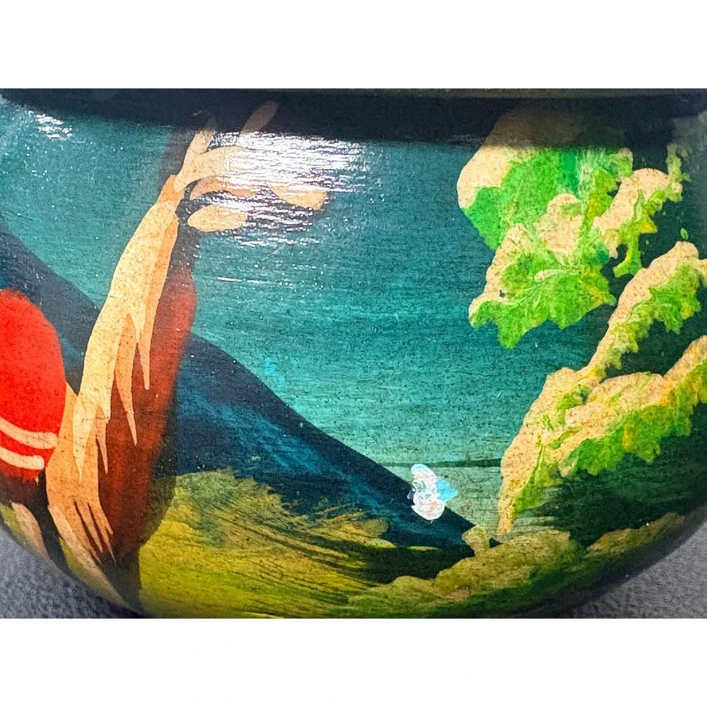 Vintage Hand Painted Wooden Trinket Box Llama Folk Art Mountain Scene Round Lid